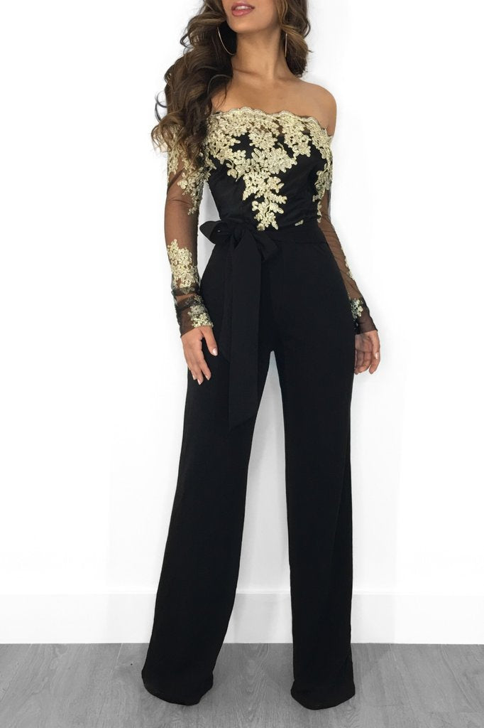 Bekleidung Freizeit Damen Wasserlösliche Spitze Off-Shoulder Weiter Bein Overall