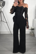 Bekleidung Freizeit Damen Wasserlösliche Spitze Off-Shoulder Weiter Bein Overall
