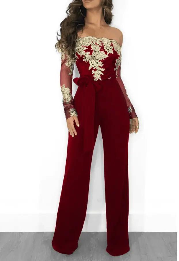 Clothing Casual Women Water Soluble Lace off Neck Wide Leg Jumpsuit by Wanita Store