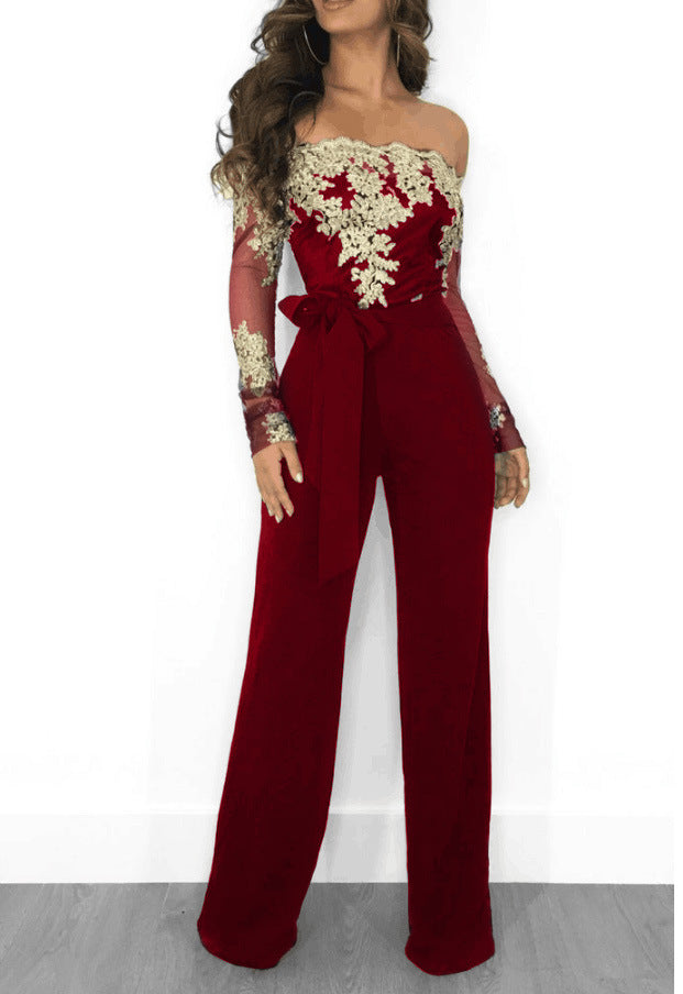 Bekleidung Freizeit Damen Wasserlösliche Spitze Off-Shoulder Weiter Bein Overall