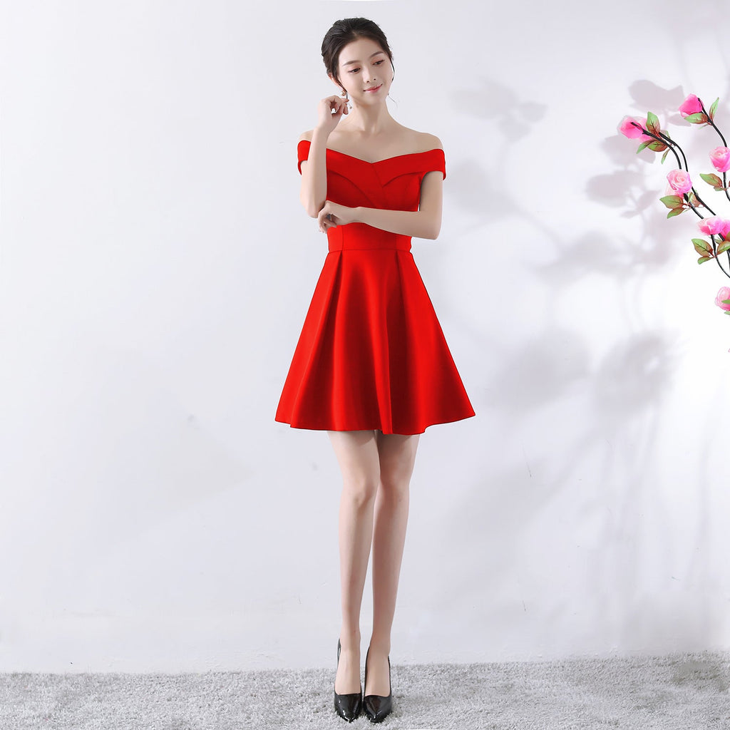 Toast Kleid Braut Frühlingshochzeit Sommer Rot Kurz Schulterfrei Hochzeitskleid