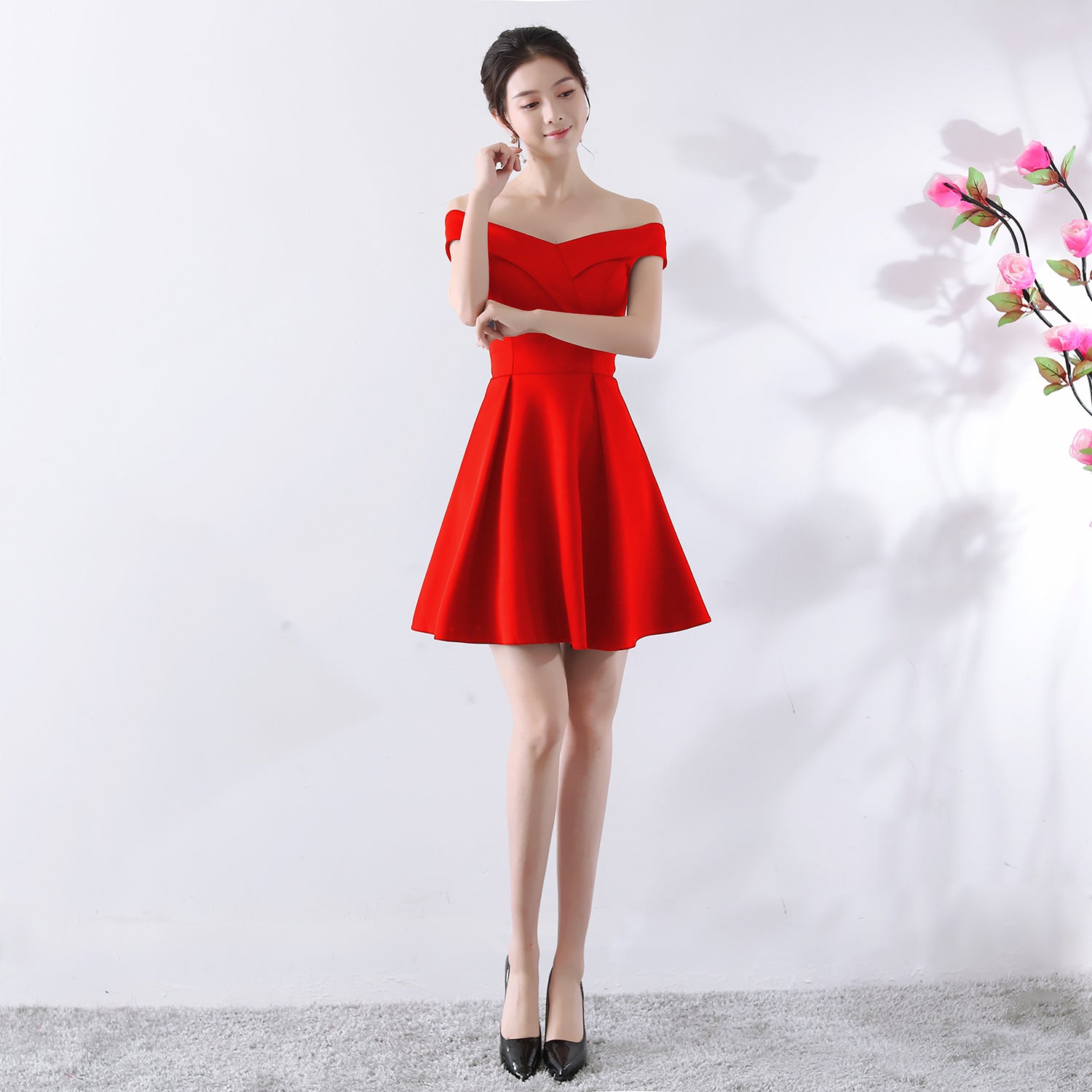 Toast Kleid Braut Frühlingshochzeit Sommer Rot Kurz Schulterfrei Hochzeitskleid