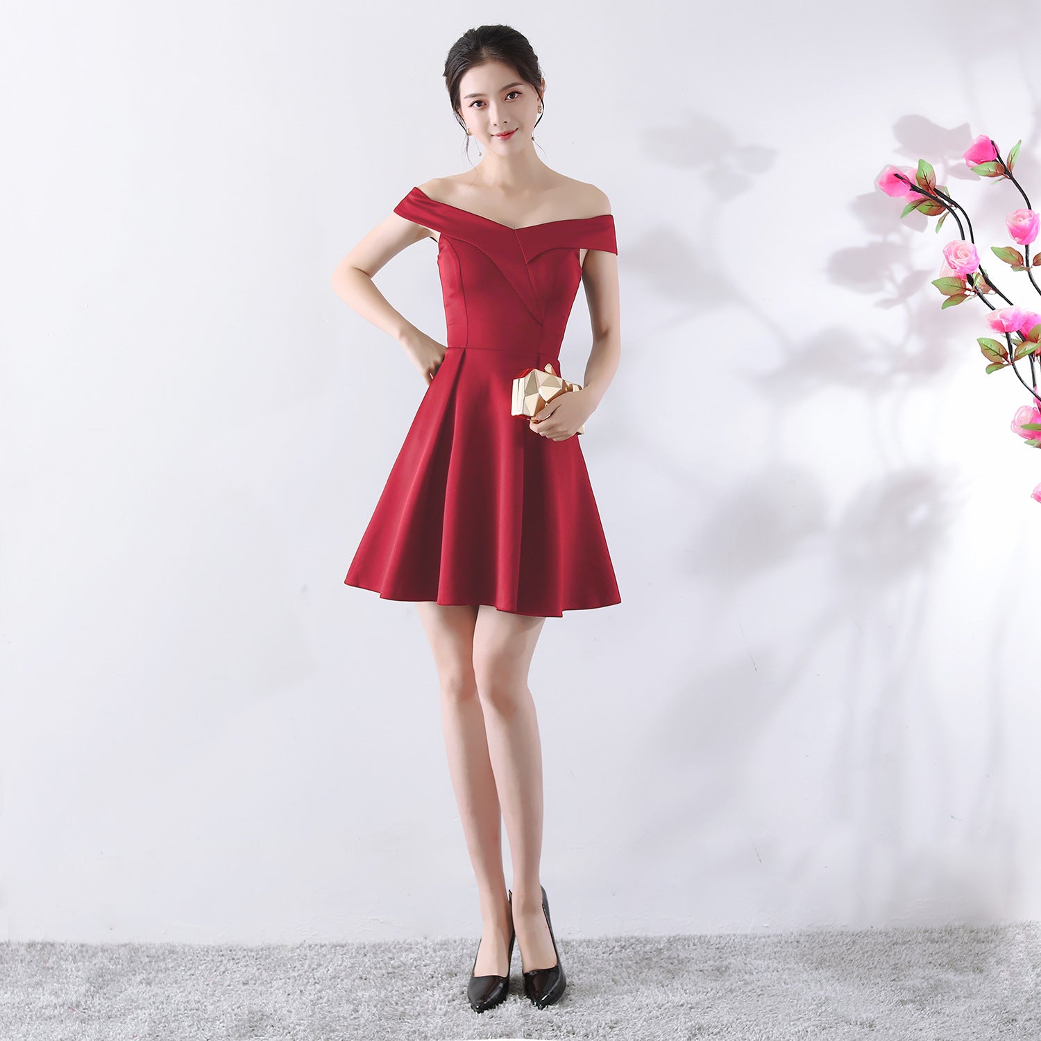 Toast Kleid Braut Frühlingshochzeit Sommer Rot Kurz Schulterfrei Hochzeitskleid