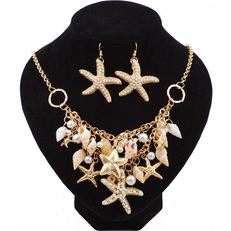 Color: Conch earrings - Starfish Conch Pearl Bracelet Necklace Set Ornament