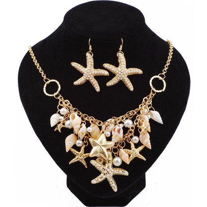 Color: Conch earrings - Starfish Conch Pearl Bracelet Necklace Set Ornament