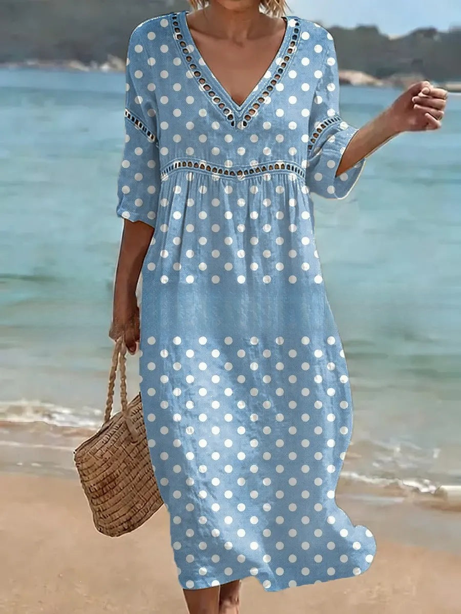 Womens V-Neck 3D Digital Print A-Line Midi Dress