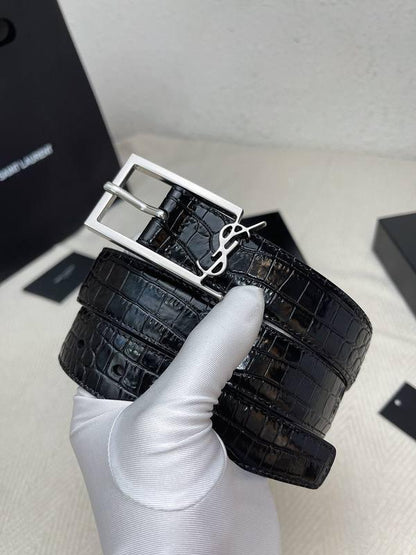 Saint Laurent Classic Monogram Square Buckle Belt Crocodile Embossed Leather