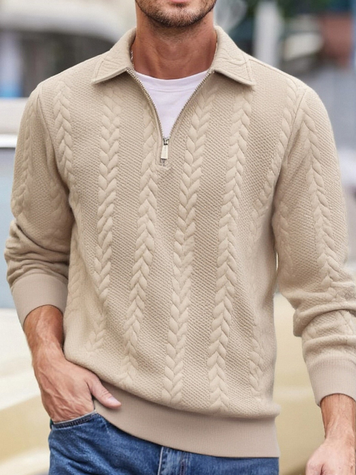 Mens Half Zip Jacquard Polo Shirt