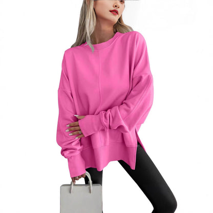 Womens Loose Bat Sleeve Side Slit Round Neck Fleece Lined Sweatshirt