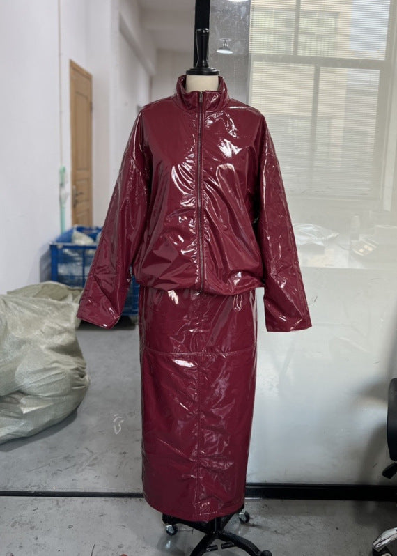 PU Leather Jacket and Skirt Set