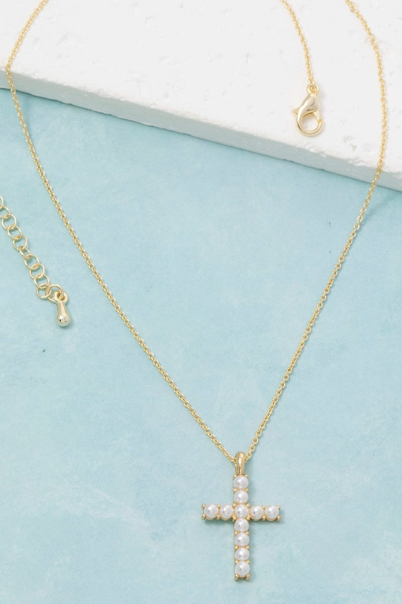 Gold Dipped Pearl Studded Cross Pendant Necklace