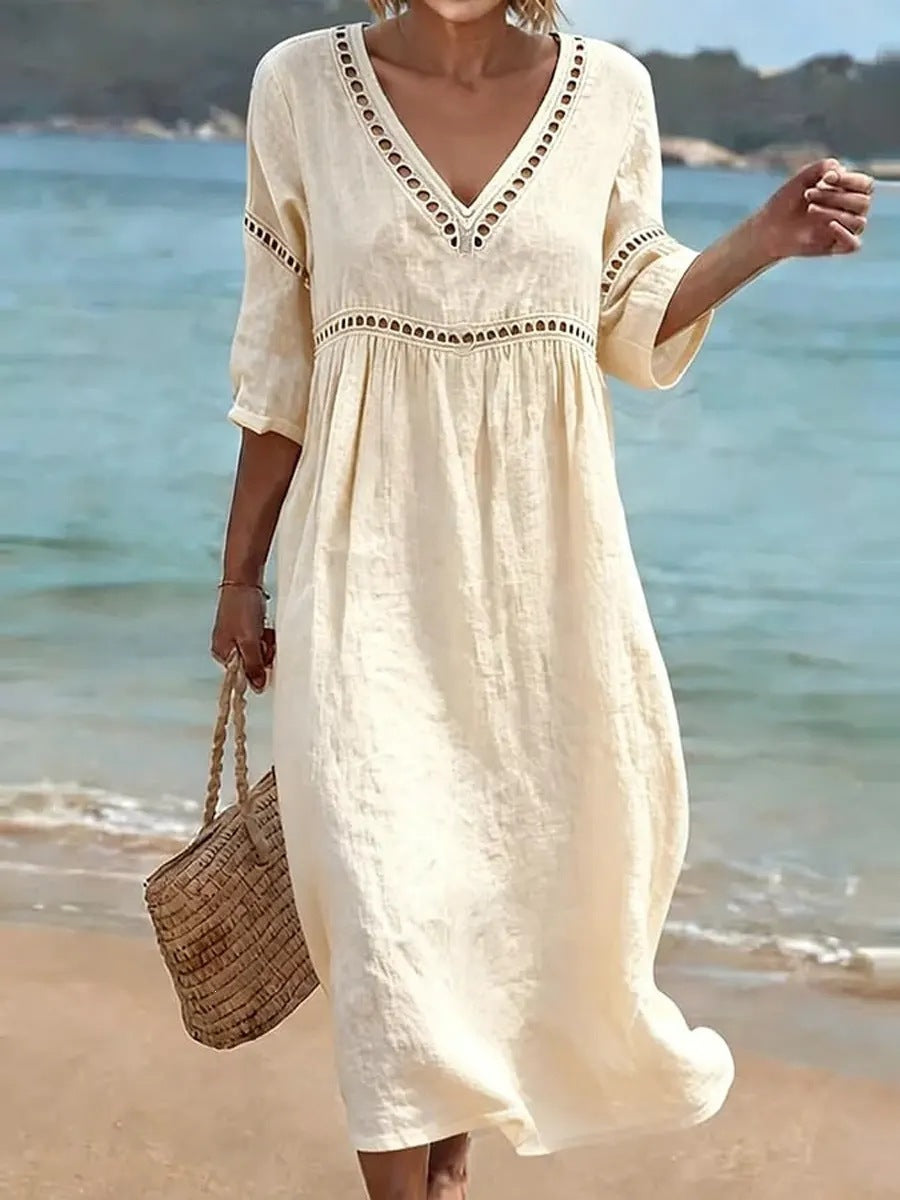 Womens V-Neck 3D Digital Print A-Line Midi Dress