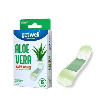 Getwell Aloe Vera Waterproof Adhesive Bandages - Breathable Wound Dressing for Cuts, Scrapes - First Aid Protection &amp; Fast Healing (15 Count)