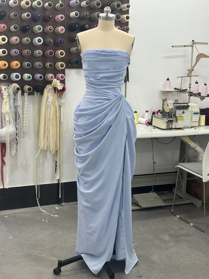 Sexy Slit Ruched Waist Strapless Long Dress