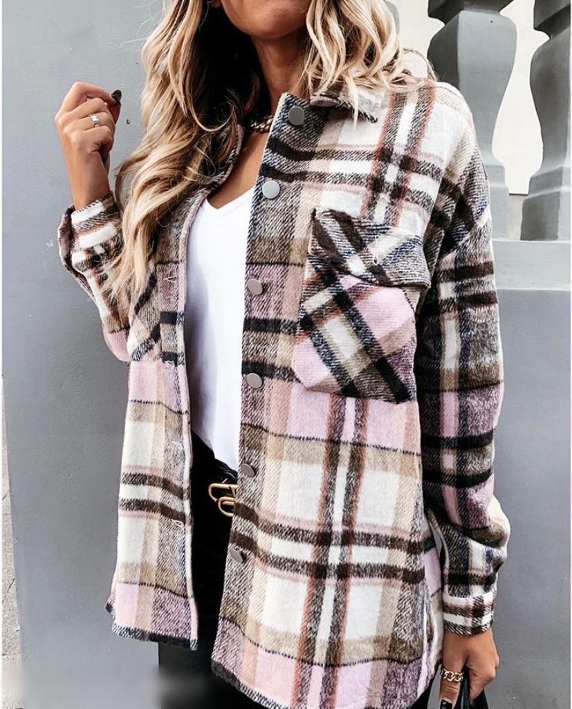 Herbst Langarm Große Taschen Locker Damen Kariertes Hemd Mantel Mittellang