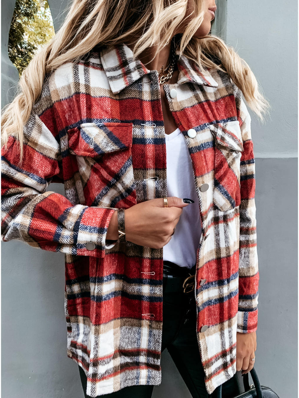 Herbst Langarm Große Taschen Locker Damen Kariertes Hemd Mantel Mittellang
