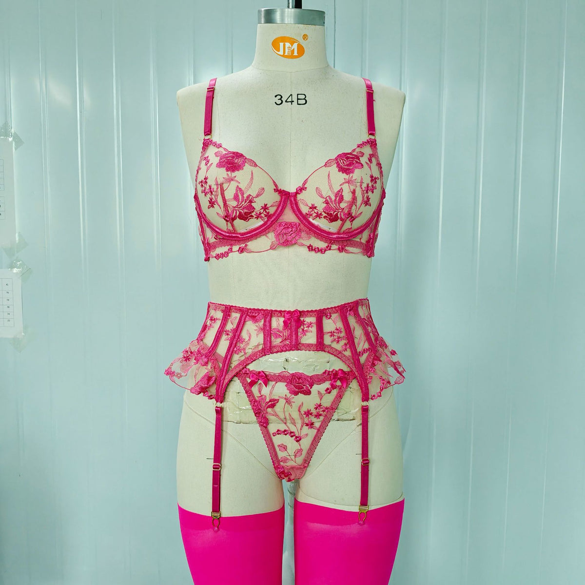 Floral Embroidery Lingerie Set with Garter Belt