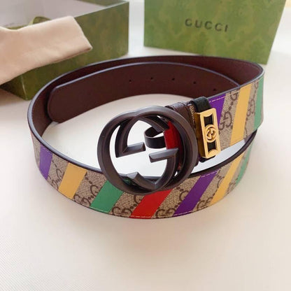 GUCCI Embellished coated-canvas and leather belt &