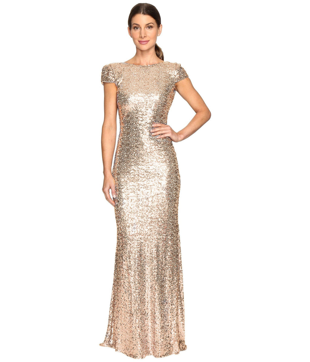Voll Paillettenbesetztes Langes, Schmales, U-Förmiges Rückenloses Abendkleid, Beliebtes Goldenes Hochzeitskleid