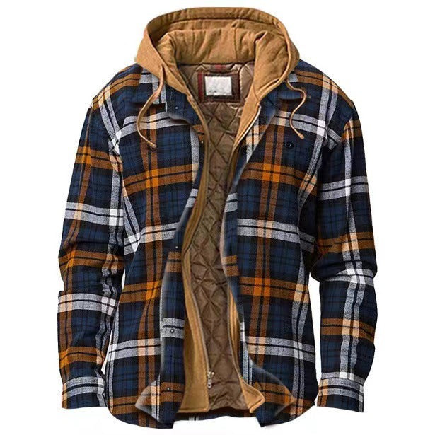 Mens Thickened Plaid Hooded Cotton Coat Long Sleeve Zipper Shirt Jacket