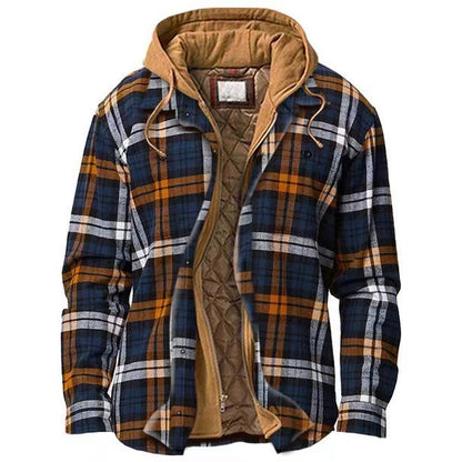Mens Thickened Plaid Hooded Cotton Coat Long Sleeve Zipper Shirt Jacket