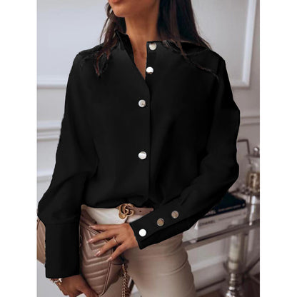 Womens Long Sleeve V-Neck Spliced Shirt with Metal Buttons