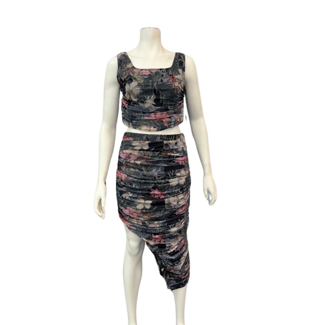Lulus Always Blooming Black Floral Print Ruched Two-Piece Midi Dress, Large