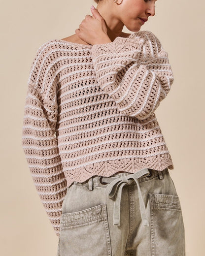 Textured Stripe Sweater W/ Scallop