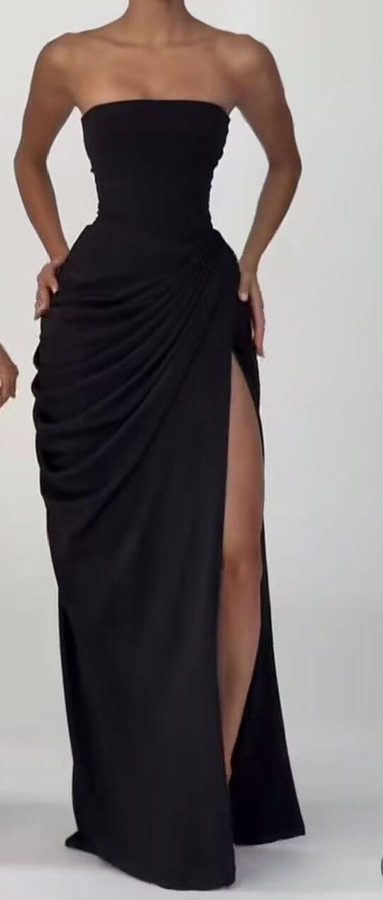 Sexy Slit Ruched Waist Strapless Long Dress