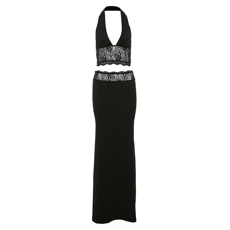 Sexy Halter Backless Camisole High Waisted Lace Skirt Set
