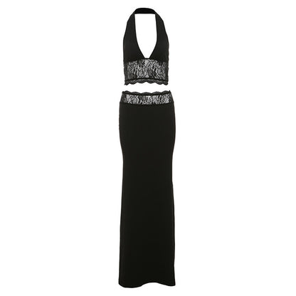 Sexy Halter Backless Camisole High Waisted Lace Skirt Set