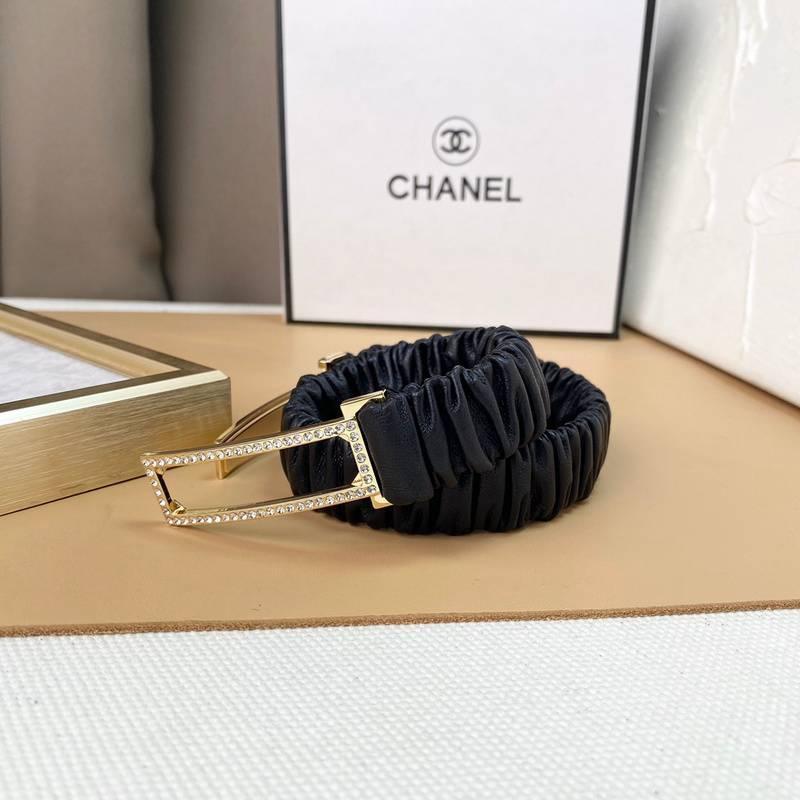 Chanel Logo Buckle Elastic Belt Leather with Metal and Crystals &
