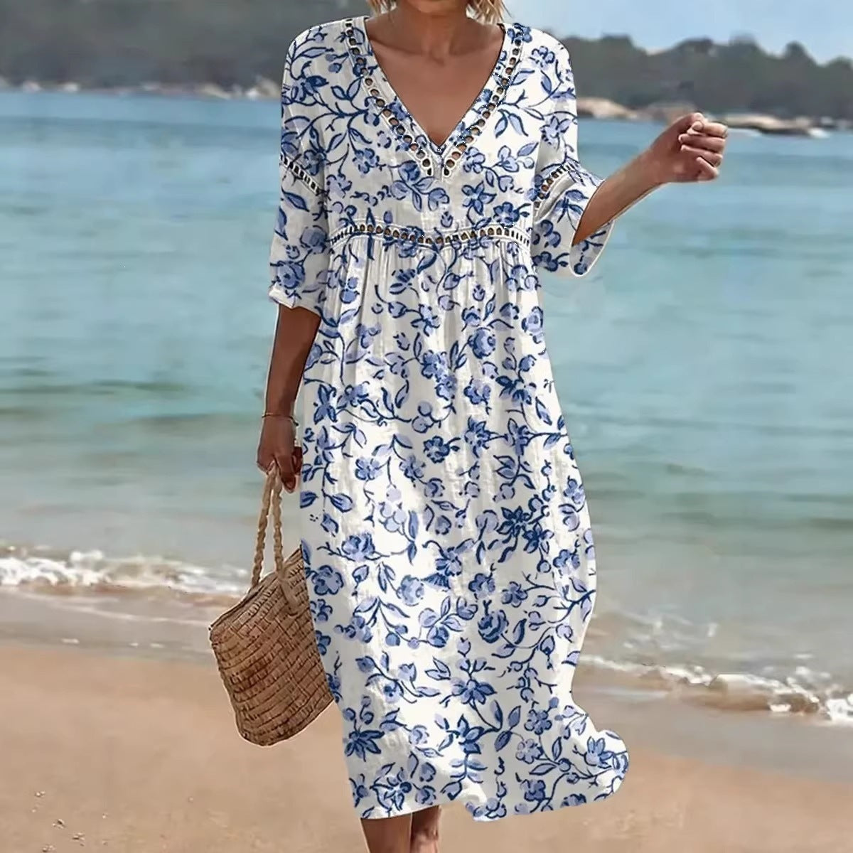 Womens V-Neck 3D Digital Print A-Line Midi Dress