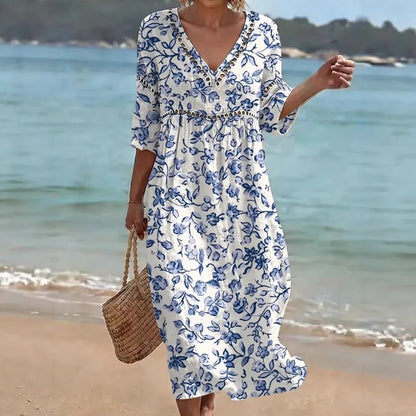 Womens V-Neck 3D Digital Print A-Line Midi Dress