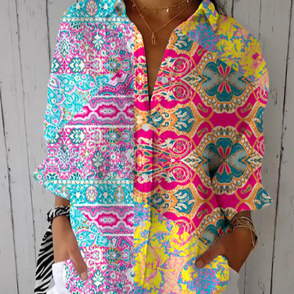 Floral Print Long Sleeve Womens Lapel Cardigan Shirt