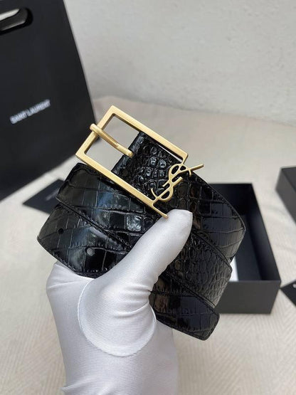 Saint Laurent Classic Monogram Square Buckle Belt Crocodile Embossed Leather