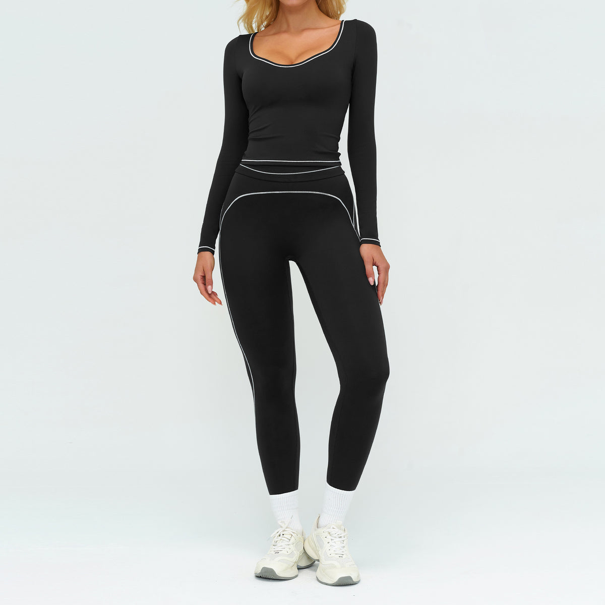 Color-Blocking Brushed Yoga Set for Women Double Shoulder Straps Workout Fitness Suit