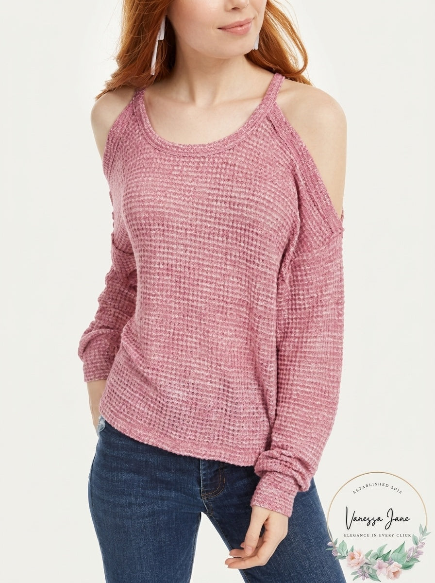 Freshman Juniors Waffle-Knit Cold-Shoulder Top