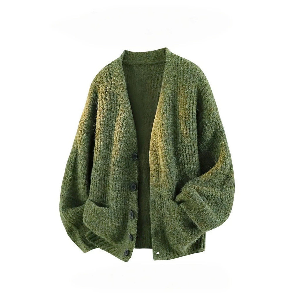 Mens V-Neck Knit Shirt Relaxed Fit Long Sleeve Top