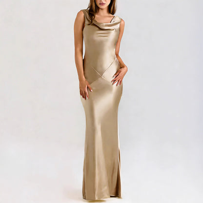 Elegant Acetate Satin Dress with Draped Collar