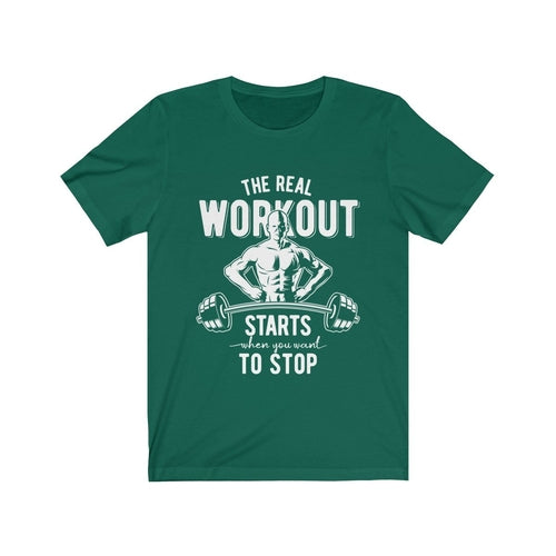 The Real Workout unisex t-shirt made of 100% soft cotton with vinyl print, retail fit, true to size, designed and printed in USA
