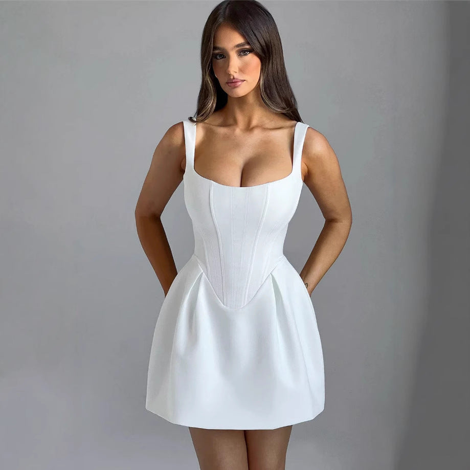 Fishbone pattern patchwork halter dress