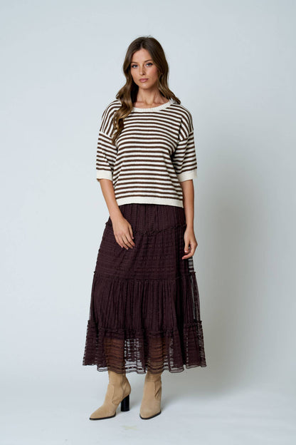 TEXTURED STRIPE RUFFLE TIERED MIDI SKIRT : CHOCOLATE BROWN