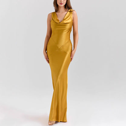 Elegant Acetate Satin Dress with Draped Collar