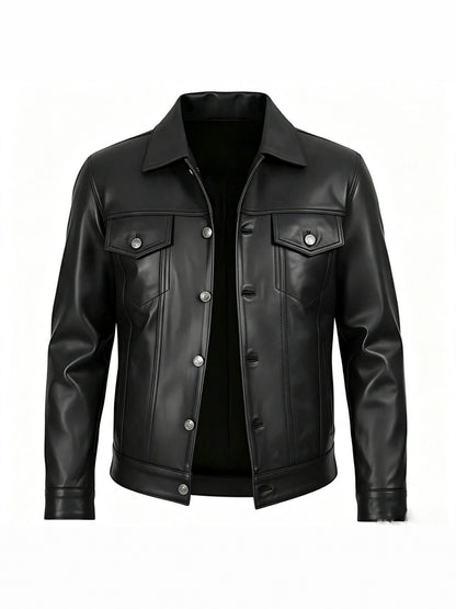 Mens PU Leather Notch Lapel Jacket