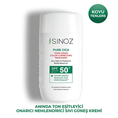 Sinoz Cica Tiger Grass Tinted Sunscreen SPF50+: Color Correcting, Redness Reducing Mineral Sunscreen with Hyaluronic Acid - Evens Skin Tone
