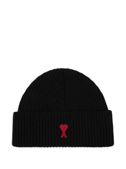 AMI PARIS Wool Ribbed Knit Beanie with Signature Monogram Motif
