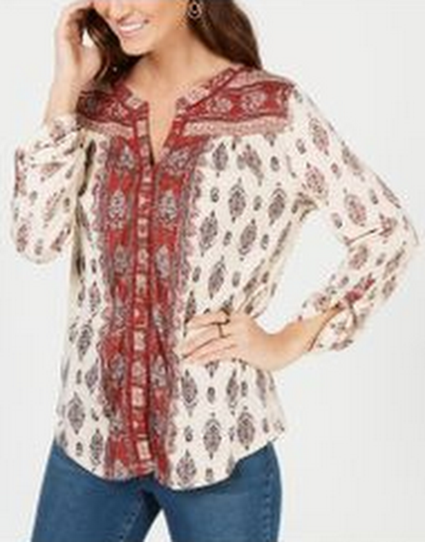 Style &amp; Co Printed Button-Neck Top, White, Size Medium