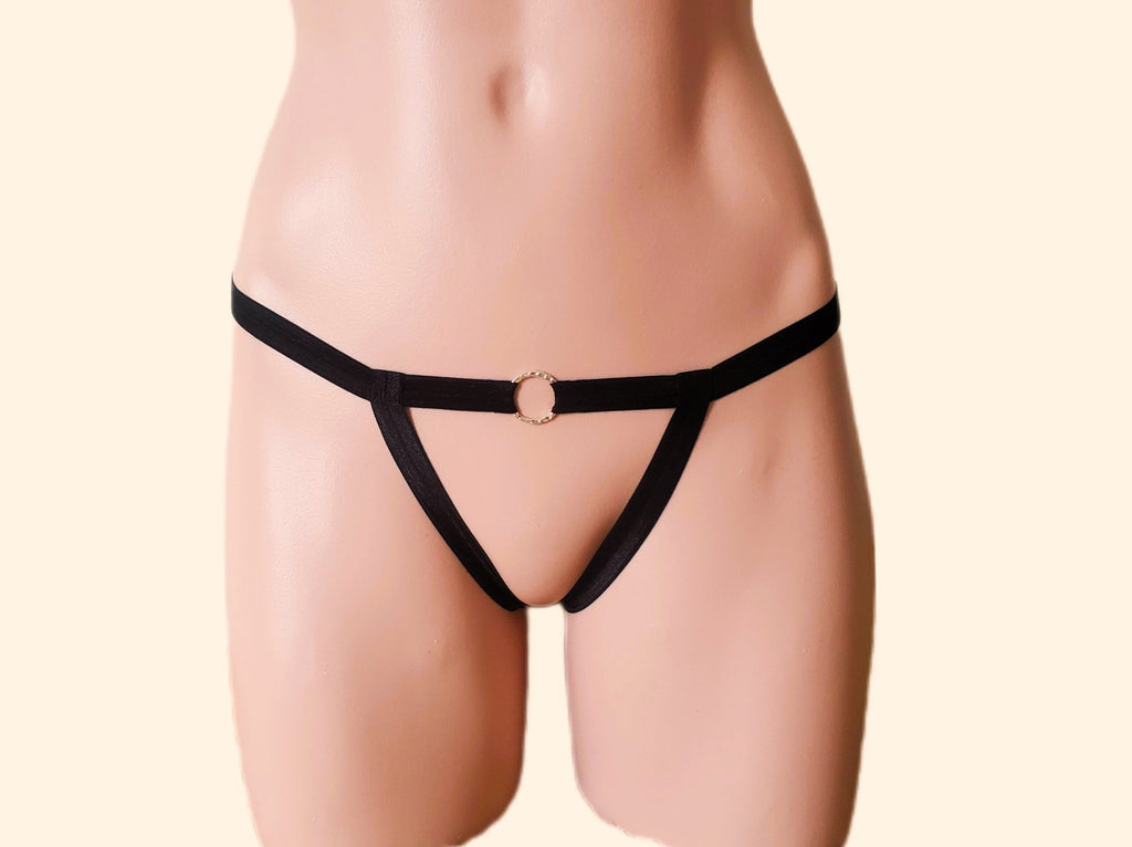 Sexy Black BDSM O Ring Thong Crotchless Lingerie Panty