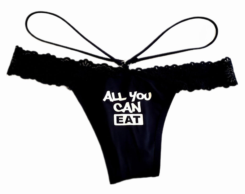All You Can Eat Black Thong Panty With Lace Waistband
